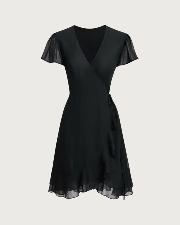 Black V Neck Chiffon Mini Dress - Image 6