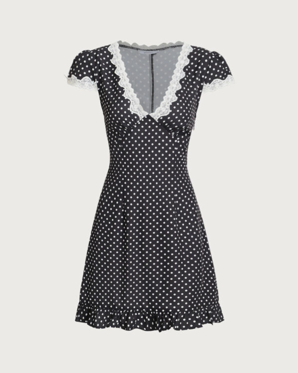 Black Polka Dot V-Neck Mini Dress - Image 7