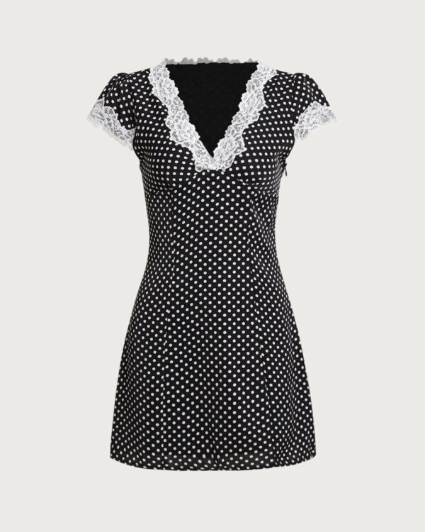 Black Polka Dot V Neck Lace Mini Dress