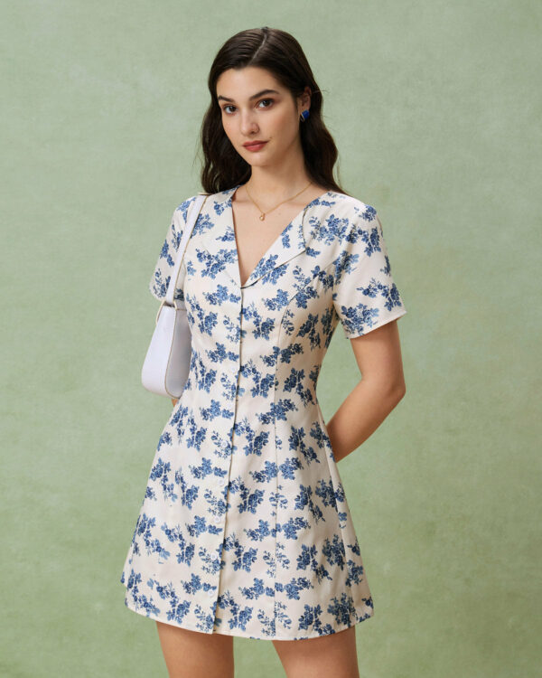 Blue Floral V-Neck Button A-Line Mini Dress