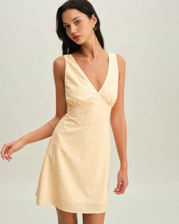 Yellow V Neck Polka Dot Sleeveless Mini Dress - Image 3