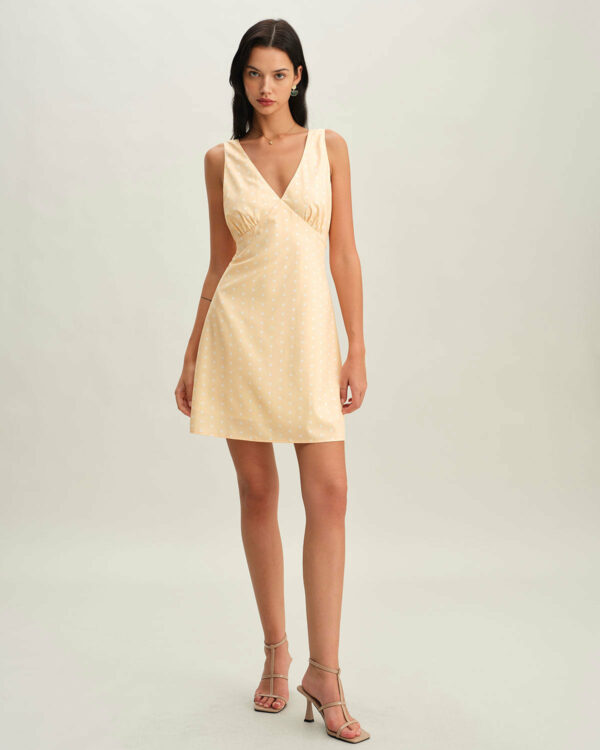 Yellow V Neck Polka Dot Sleeveless Mini Dress - Image 4