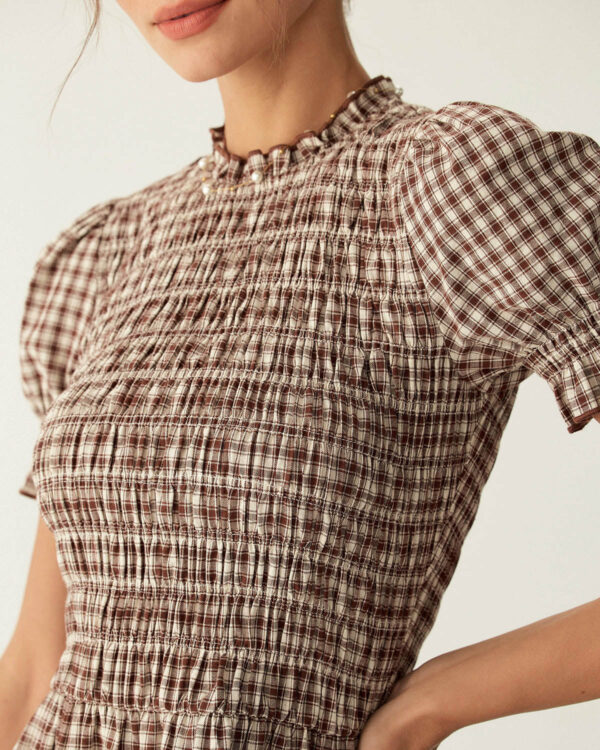 Coffee Plaid Puffed Sleeve Mini Dress - Image 2