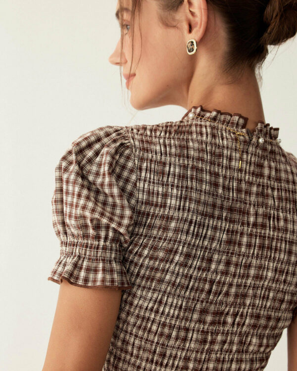 Coffee Plaid Puffed Sleeve Mini Dress - Image 3