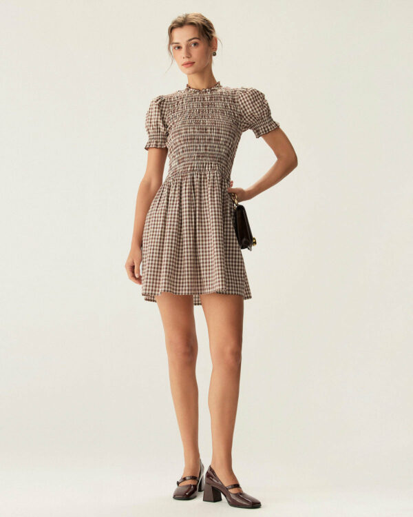 Coffee Plaid Puffed Sleeve Mini Dress - Image 4