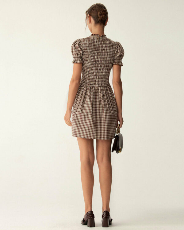 Coffee Plaid Puffed Sleeve Mini Dress - Image 5