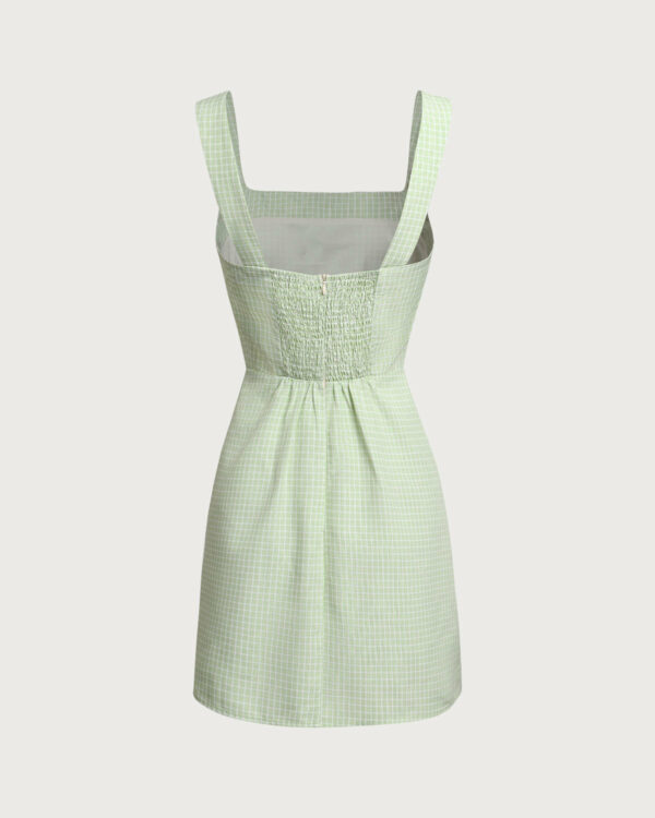 Green Plaid Square Neck Shirred Slip Mini Dress - Image 7