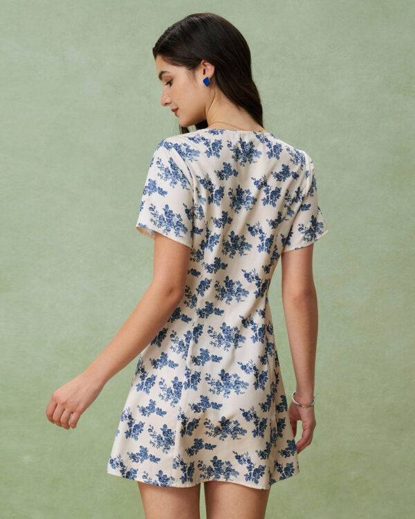 Blue Floral V-Neck Button A-Line Mini Dress - Image 4