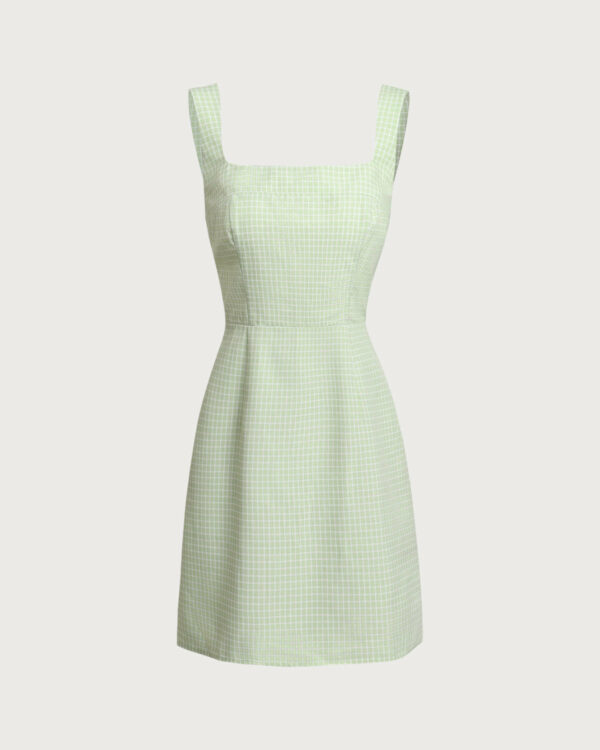 Green Plaid Square Neck Shirred Slip Mini Dress - Image 6