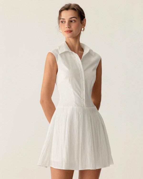 White Button A-Line Sleeveless Mini Dress