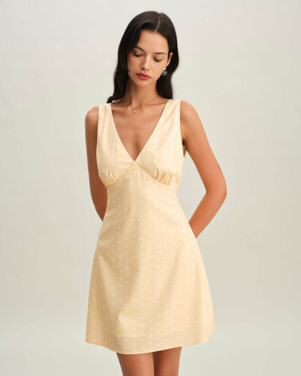 Yellow V Neck Polka Dot Sleeveless Mini Dress