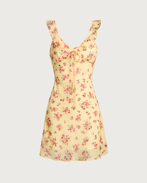 Yellow Floral Ruffle Sleeveless Mini Dress