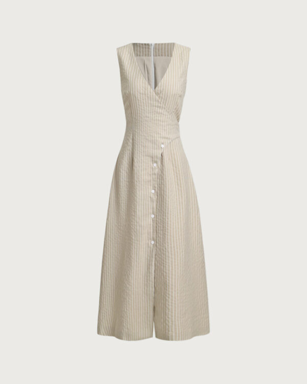 Khaki Striped V-Neck Sleeveless Maxi Dress