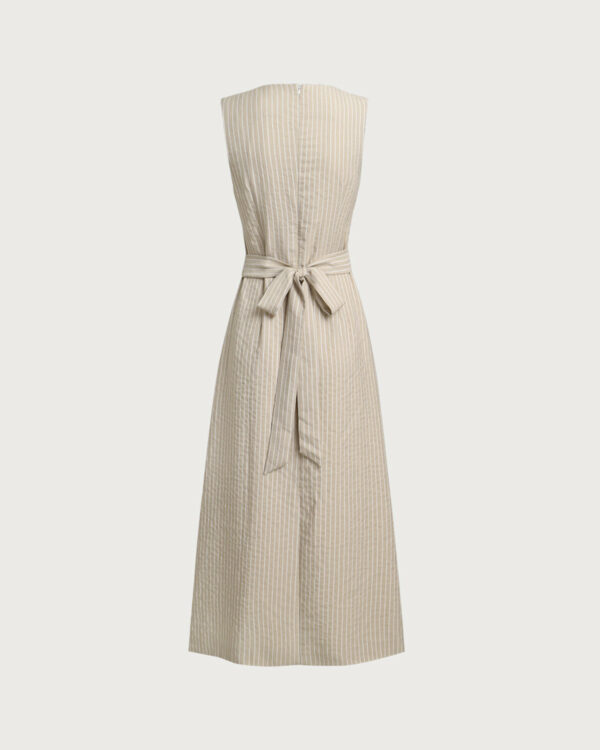 Khaki Striped V-Neck Sleeveless Maxi Dress - Image 2