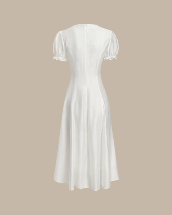 White Puffed Sleeve V Neck Midi Dress - Image 6