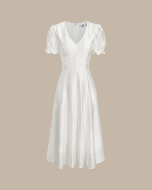 White Puffed Sleeve V Neck Midi Dress - Image 5