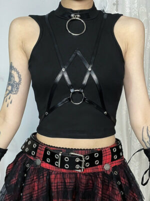 Dark street leather strap patchwork tank top