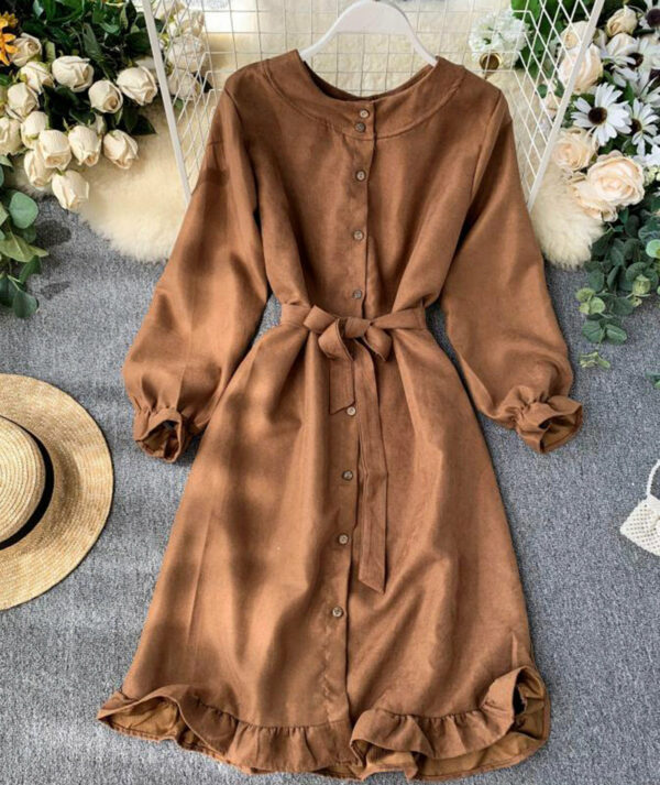 Long Sleeve Ruffle Hem Button Down Dress P307 - Image 4