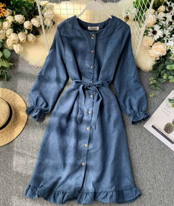 Long Sleeve Ruffle Hem Button Down Dress P307 - Image 7