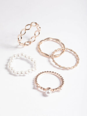 Rose Pearl & Twist Ring 5-Pack