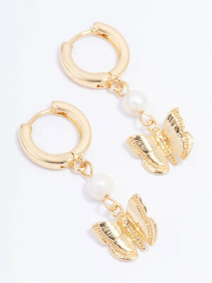 Butterfly & Freshwater Pearl Hoop Earrings