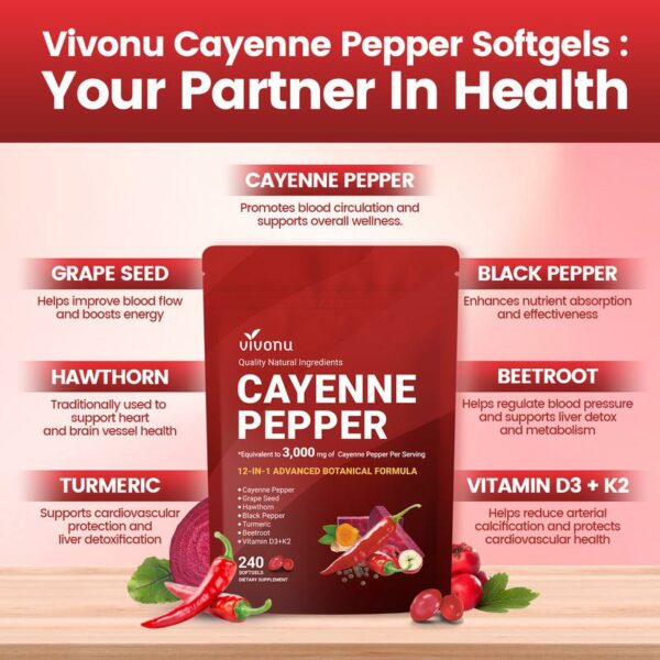 Cayenne Pepper Softgels Supplement, Supports Leg Vein, Heart and Blood Vessel Health, with Vitamin E D3+K2 and Extracts of Grape Seed, Hawthorn, Beetroot and Others (240 Softge /1 Bag) - Image 2