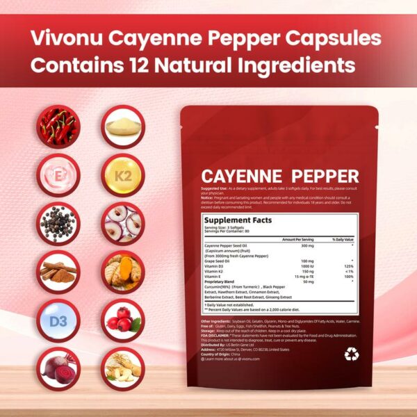 Cayenne Pepper Softgels Supplement, Supports Leg Vein, Heart and Blood Vessel Health, with Vitamin E D3+K2 and Extracts of Grape Seed, Hawthorn, Beetroot and Others (240 Softge /1 Bag) - Image 3