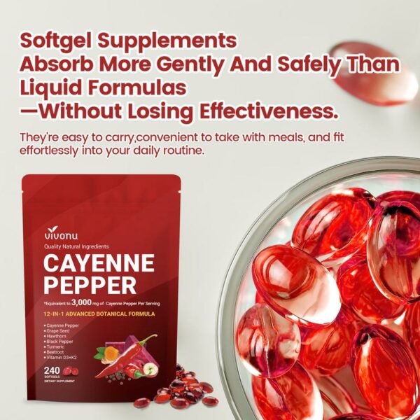 Cayenne Pepper Softgels Supplement, Supports Leg Vein, Heart and Blood Vessel Health, with Vitamin E D3+K2 and Extracts of Grape Seed, Hawthorn, Beetroot and Others (240 Softge /1 Bag) - Image 4